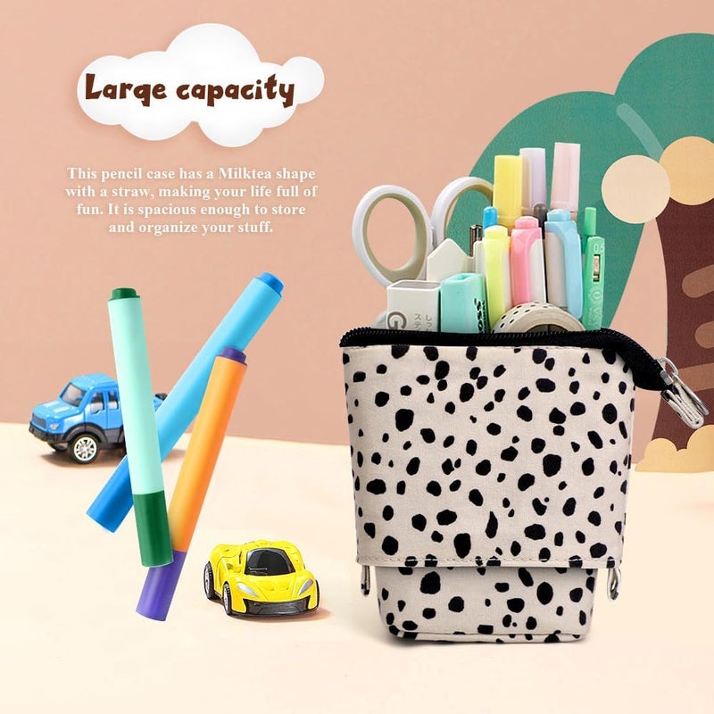 KPX Milktea Cute Standing Pencil Case for Kids, Pop Up Pencil Box Makeup Pouch, Stand UP Bubble Tea Pen Holder Organizer Cosmetics Bag, Kawaii Stationary (Beige Leopard) - Image 4