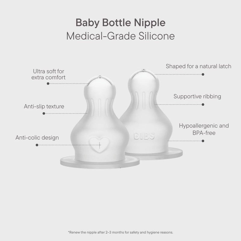 BIBS حلمة زجاجة BIBS 2-Pack. مضادة للمغص. حلمات إضافية لزجاجات BIBS للأطفال. حلمة دائرية. - سيليكون، تدفق بطيء - Image 2