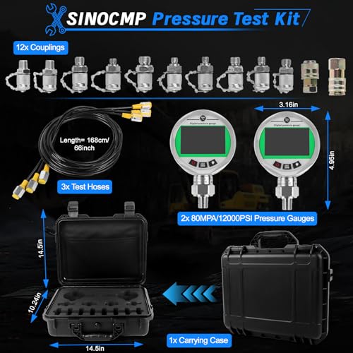 SINOCMP Digital Pressure Gauge Kit with 2 80MPA/12000PSI Pressure Gauges 3 Test Hoses and 12 Couplings Hydraulic Gas Water Pressure Test Kit with Backlight, 1 Year Warranty - Image 2