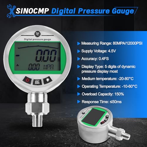SINOCMP Digital Pressure Gauge Kit with 2 80MPA/12000PSI Pressure Gauges 3 Test Hoses and 12 Couplings Hydraulic Gas Water Pressure Test Kit with Backlight, 1 Year Warranty - Image 3