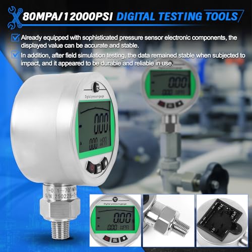 SINOCMP Digital Pressure Gauge Kit with 2 80MPA/12000PSI Pressure Gauges 3 Test Hoses and 12 Couplings Hydraulic Gas Water Pressure Test Kit with Backlight, 1 Year Warranty - Image 4