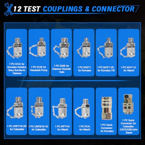 SINOCMP Digital Pressure Gauge Kit with 2 80MPA/12000PSI Pressure Gauges 3 Test Hoses and 12 Couplings Hydraulic Gas Water Pressure Test Kit with Backlight, 1 Year Warranty - Image 5