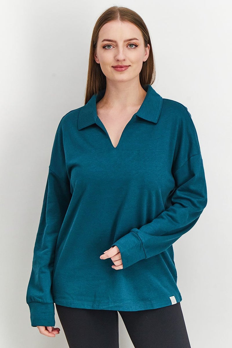 Tchibo Women Spread Collar Plain Loungewear Sweatshirt, Dark Green - Image 1