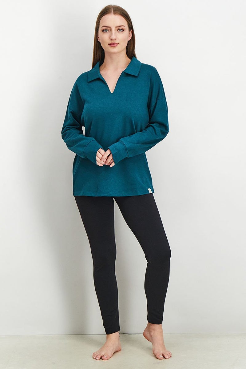 Tchibo Women Spread Collar Plain Loungewear Sweatshirt, Dark Green - Image 3