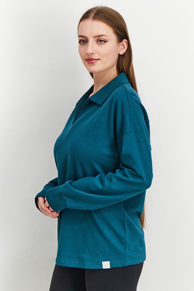 Tchibo Women Spread Collar Plain Loungewear Sweatshirt, Dark Green - Image 4