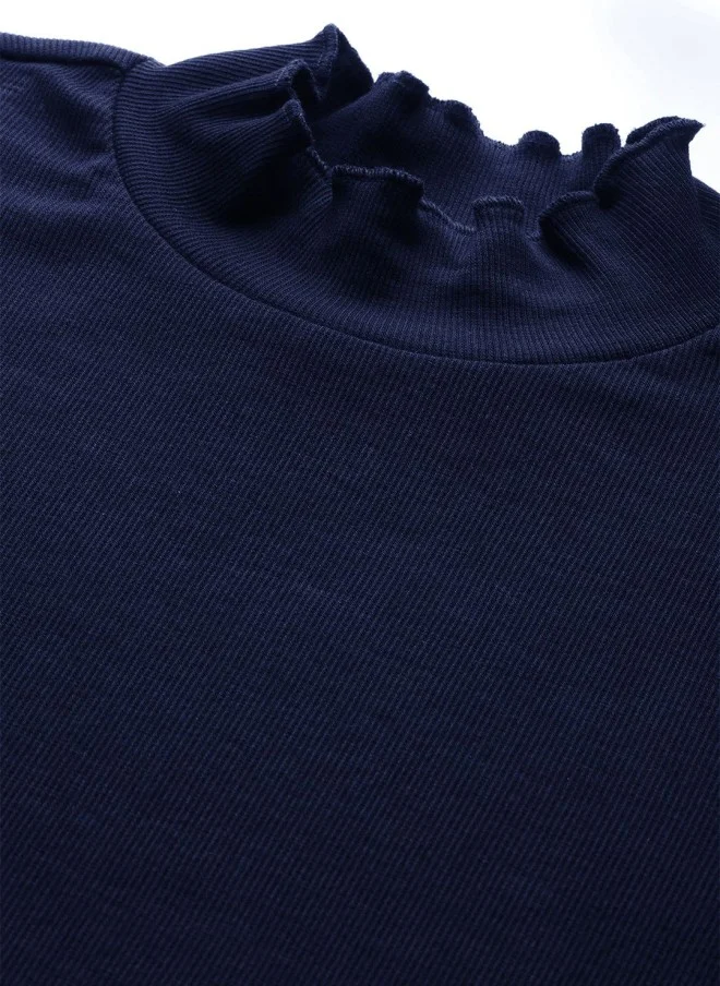 ساسافراس Navy Blue Fitted High Neck Top for Women