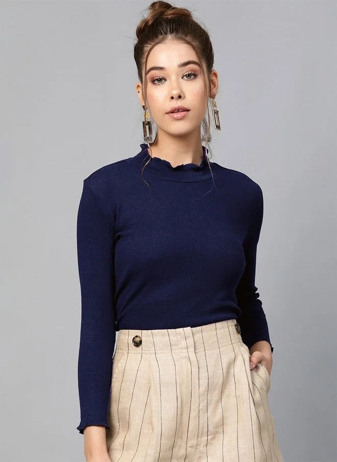 ساسافراس بلوزة نسائية ضيقة بياقة عالية لون كحلي