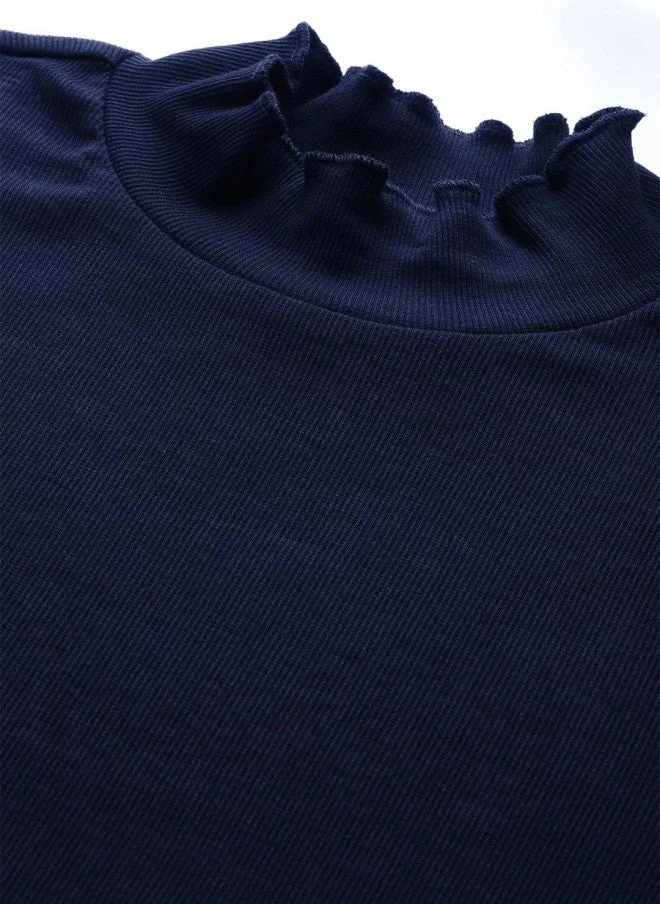 ساسافراس بلوزة نسائية ضيقة بياقة عالية لون كحلي