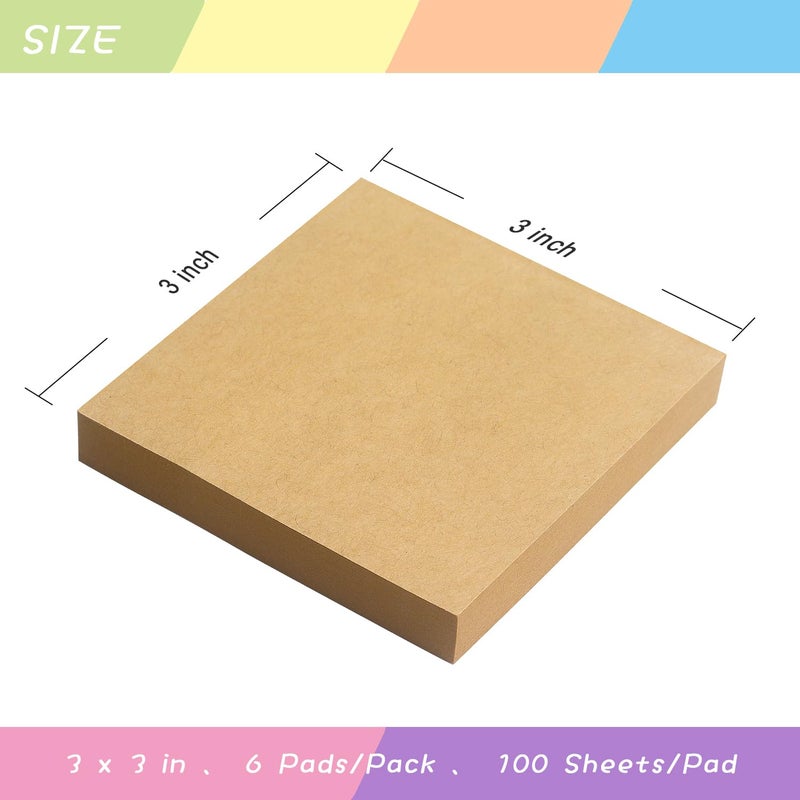 OSBOO Sticky Notes 3x3 Self-Stick Notes Pads with 6 Bright Colors, Easy to Post for Office, School, Home, 6 Pads/Pack, 100 Sheets/Pad(Kraft Paper) - Image 3