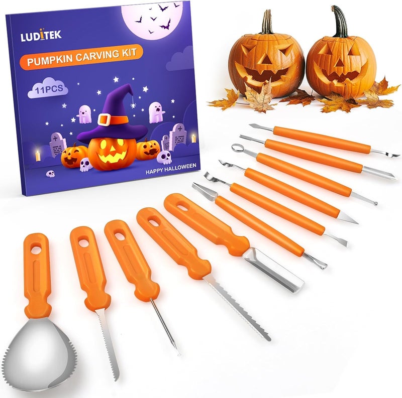 Luditek Pumpkin Carving Kit, 11 Pieces Halloween Jack-O-Lanterns Professional Stainless Steel Pumpkin Carving Tools, Pumpkin Cutting Supplies Tool Kit Halloween Gifts for Adults Kids - Image 1
