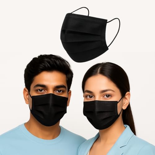 MASQ By Q-OnePack of 100 Single Use Disposable Black Face Mask, Soft on Skin, 3-ply Masks Facial Cover with Elastic Earloops and Nose Clip Great For Home, Office, School, and Outdoors - Image 1