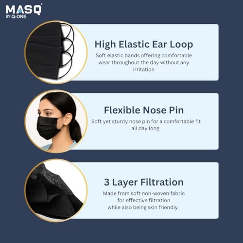 MASQ By Q-OnePack of 100 Single Use Disposable Black Face Mask, Soft on Skin, 3-ply Masks Facial Cover with Elastic Earloops and Nose Clip Great For Home, Office, School, and Outdoors - Image 3