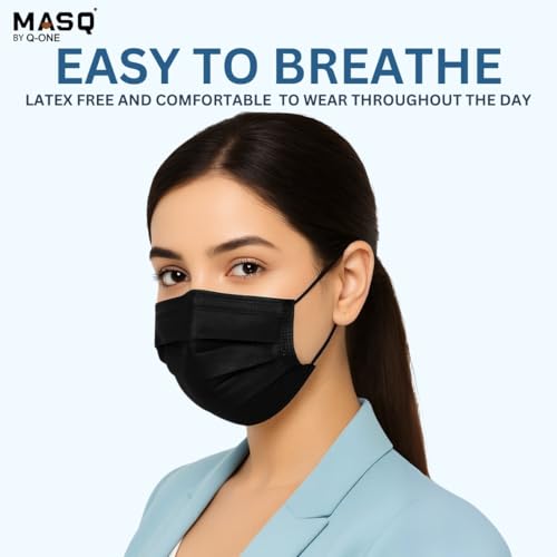 MASQ By Q-OnePack of 100 Single Use Disposable Black Face Mask, Soft on Skin, 3-ply Masks Facial Cover with Elastic Earloops and Nose Clip Great For Home, Office, School, and Outdoors - Image 2