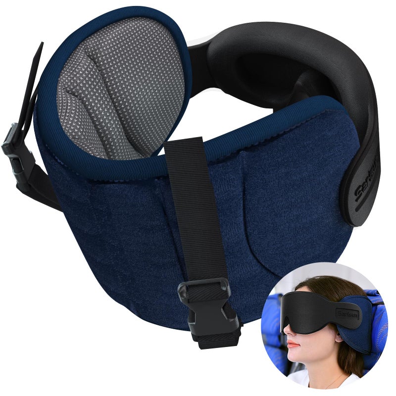 SARISUN Travel Pillows for Airplanes, Airplane Pillow for Long Flight, Airplane Head Strap with Sleep Eye Mask, 360Â° Headrest for Car Trip, Stop Bobblehead, Mottled Grey - Image 1