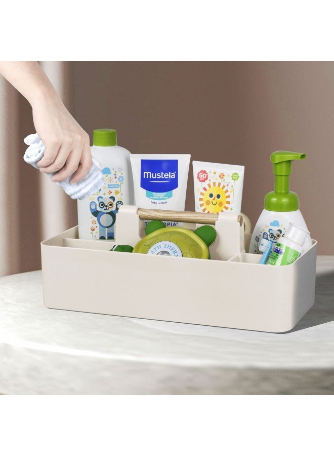 ChengFu Baby Shower Caddy Plastic Nursery Portable Storage Organizer Caddy Tote For Child/Kids Divided Basket Bin With Wood Handle For Bathroom Dorm Room Holds Hand Soap Bottles Spoons Beige …  - Image 4