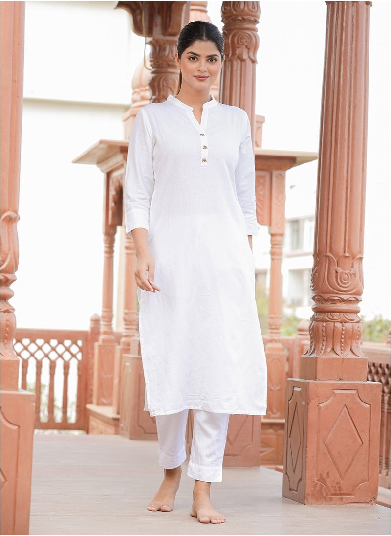 Swadesh Souq طقم كورتا أبيض سادة من القطن للراحة والأناقة اليومية  - Image 2
