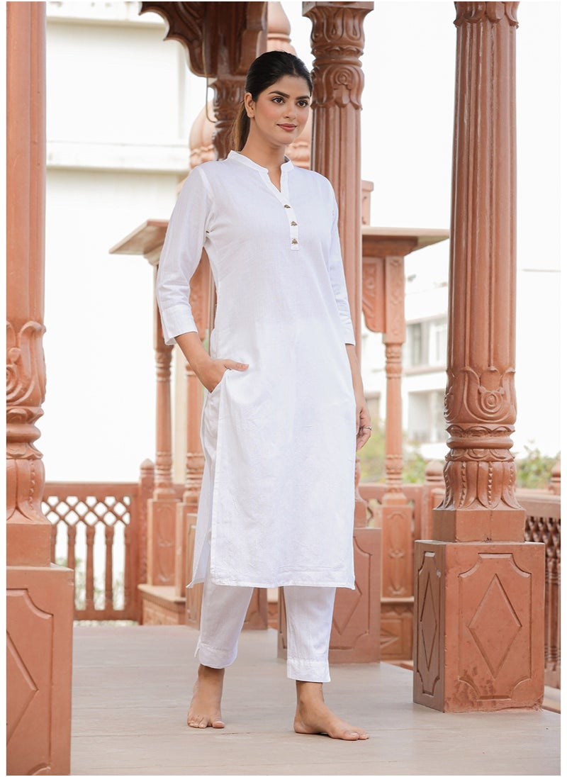 Swadesh Souq طقم كورتا أبيض سادة من القطن للراحة والأناقة اليومية  - Image 4