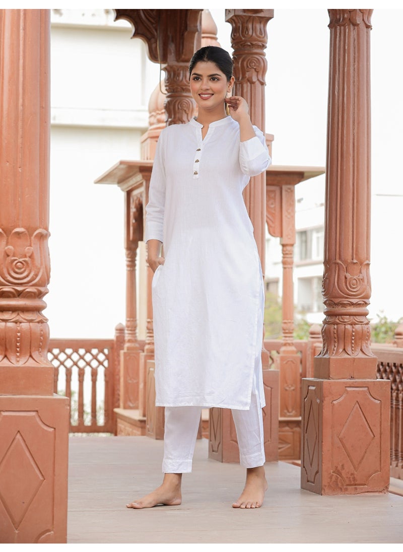 Swadesh Souq طقم كورتا أبيض سادة من القطن للراحة والأناقة اليومية  - Image 1