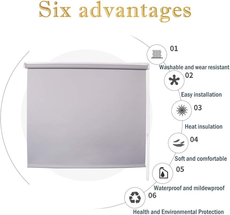 SMONTER 100% Blackout Waterproof Fabric Window Roller Shades Blind, Thermal Insulated,UV Protection,for Bedrooms,Living Room,Bathroom,The Office, Easy to Install 66CM W x 200CM L(Grey) - Image 2