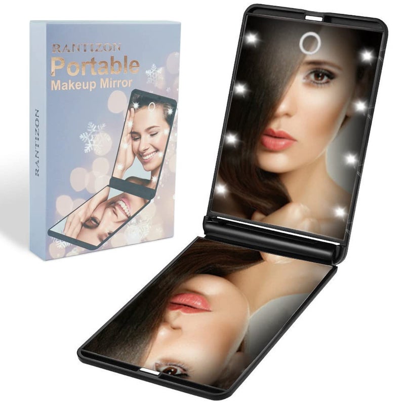 Rantizon Portable Makeup Mirror Dimmable 8 LEDs Lighted Mirror 1X & 2X Magnification Cosmetic Illuminated Handbag Mirror FoldablePocket Mirror Compact Mirror - Image 1