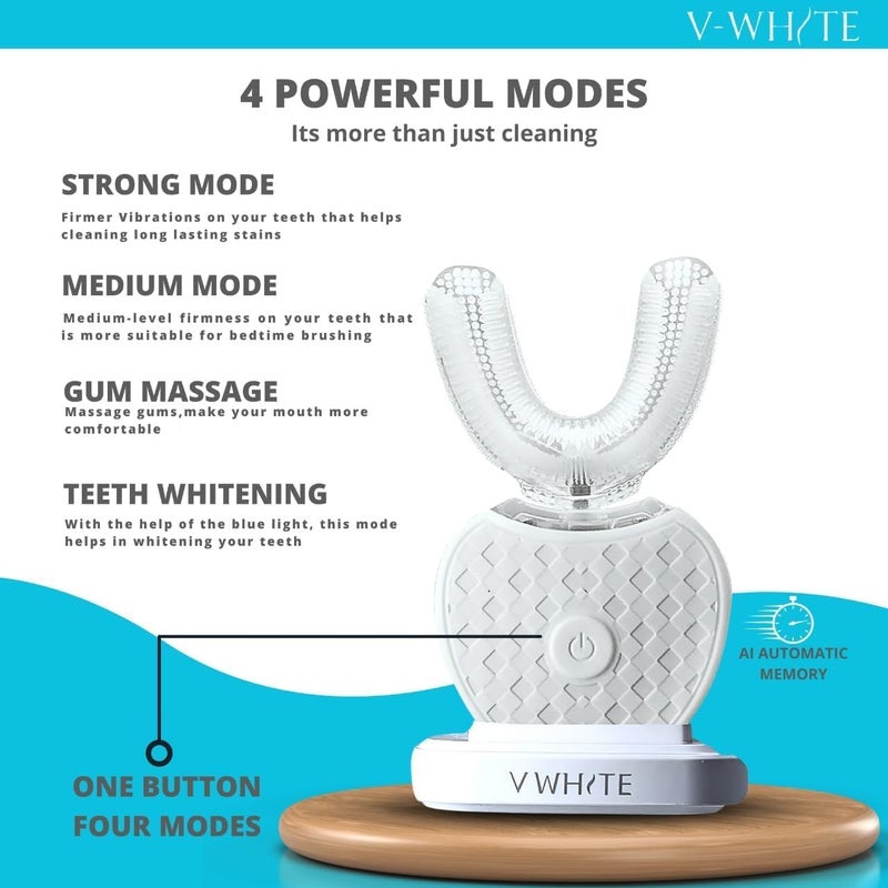 V-White Ultrasonic U-Shaped Toothbrush for Teeth Whitening, Electric Toothbrush For Adults - 360° Mouth Cleansing, Hands Free Gums Protection - Wireless Charging & LED Light -Waterproof IPX7 Certified - Image 2