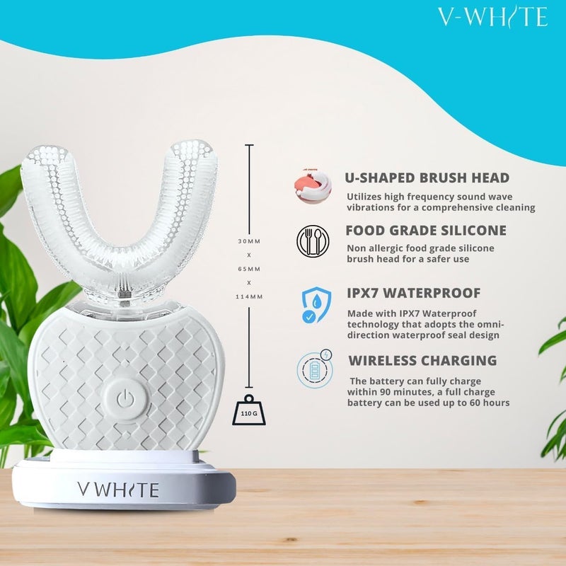 V-White Ultrasonic U-Shaped Toothbrush for Teeth Whitening, Electric Toothbrush For Adults - 360° Mouth Cleansing, Hands Free Gums Protection - Wireless Charging & LED Light -Waterproof IPX7 Certified - Image 3