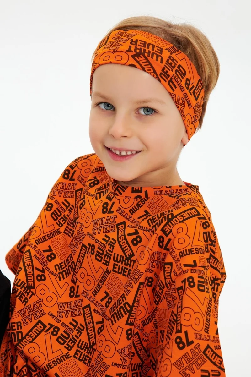 بيبيجيز Orange Boy's Cotton Combed Oversize Gray T-Shirt Bandana Set of 2