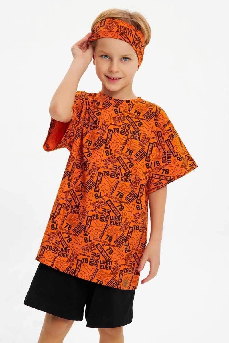 بيبيجيز Orange Boy's Cotton Combed Oversize Gray T-Shirt Bandana Set of 2