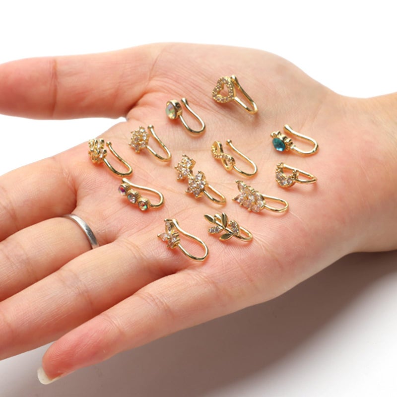 Crazypiercing 12Pcs Fake Nose Ring Cz African Nose Cuffs Gold Non Pierced Jewelry - Image 3