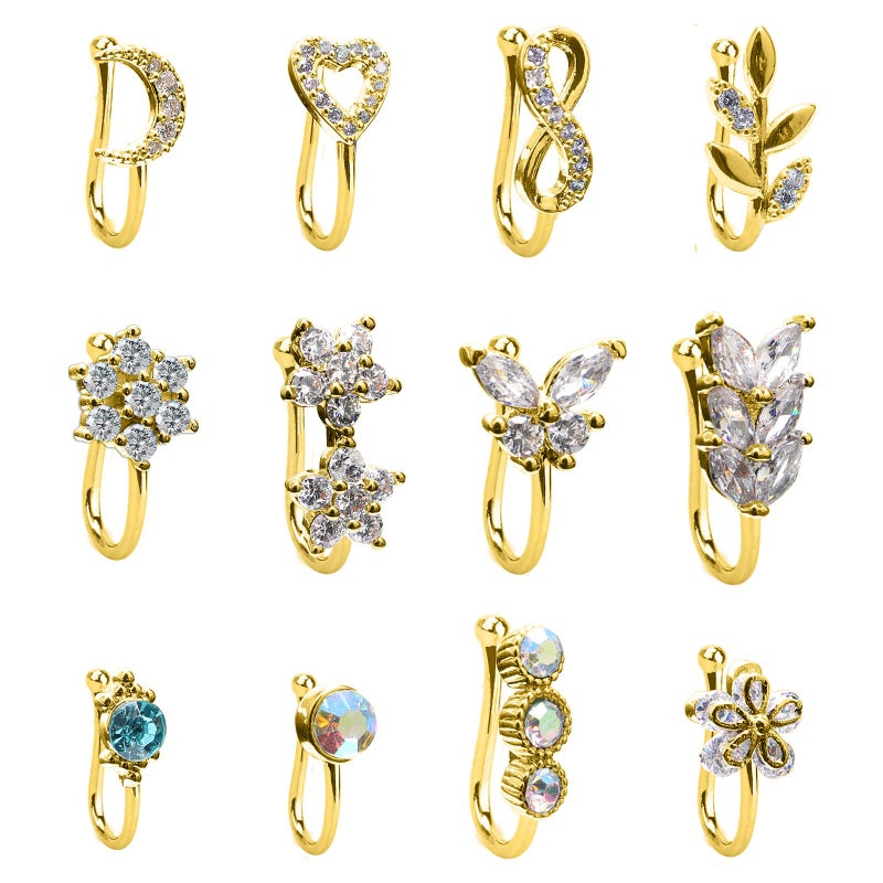 Crazypiercing 12Pcs Fake Nose Ring Cz African Nose Cuffs Gold Non Pierced Jewelry - Image 1
