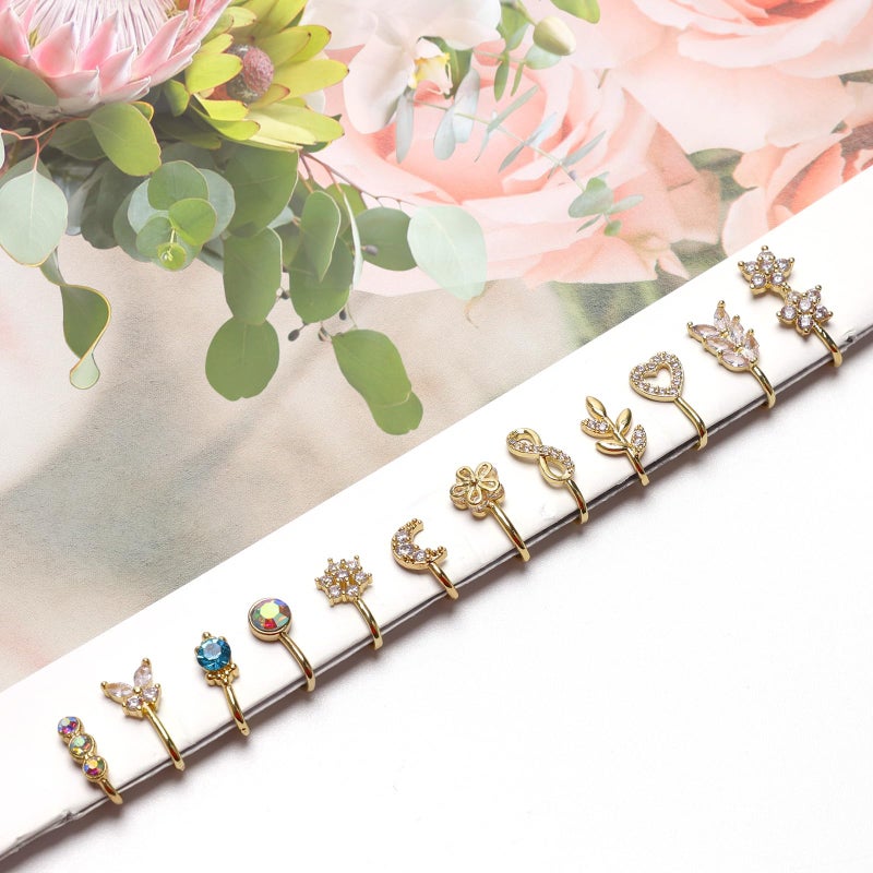 Crazypiercing 12Pcs Fake Nose Ring Cz African Nose Cuffs Gold Non Pierced Jewelry - Image 4
