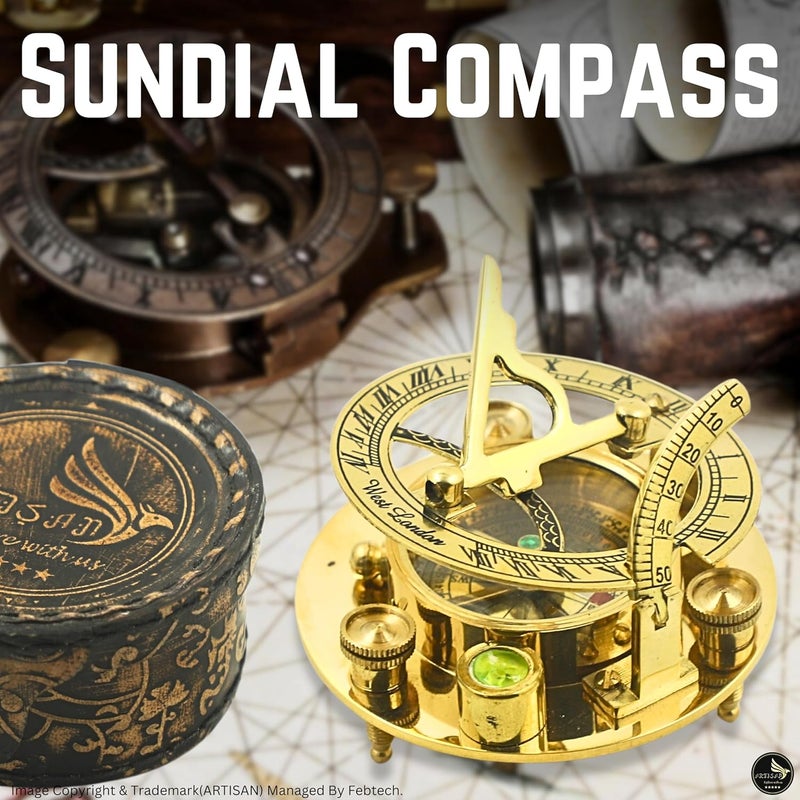 Artisan Brass Nautical - Sundial Compass with Intricate Detailing Comes in an Top Grain Leather Case - Premium Sundial Compass - Image 5