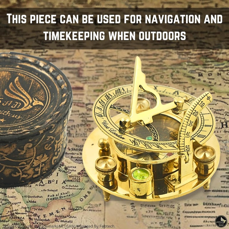 Artisan Brass Nautical - Sundial Compass with Intricate Detailing Comes in an Top Grain Leather Case - Premium Sundial Compass - Image 4