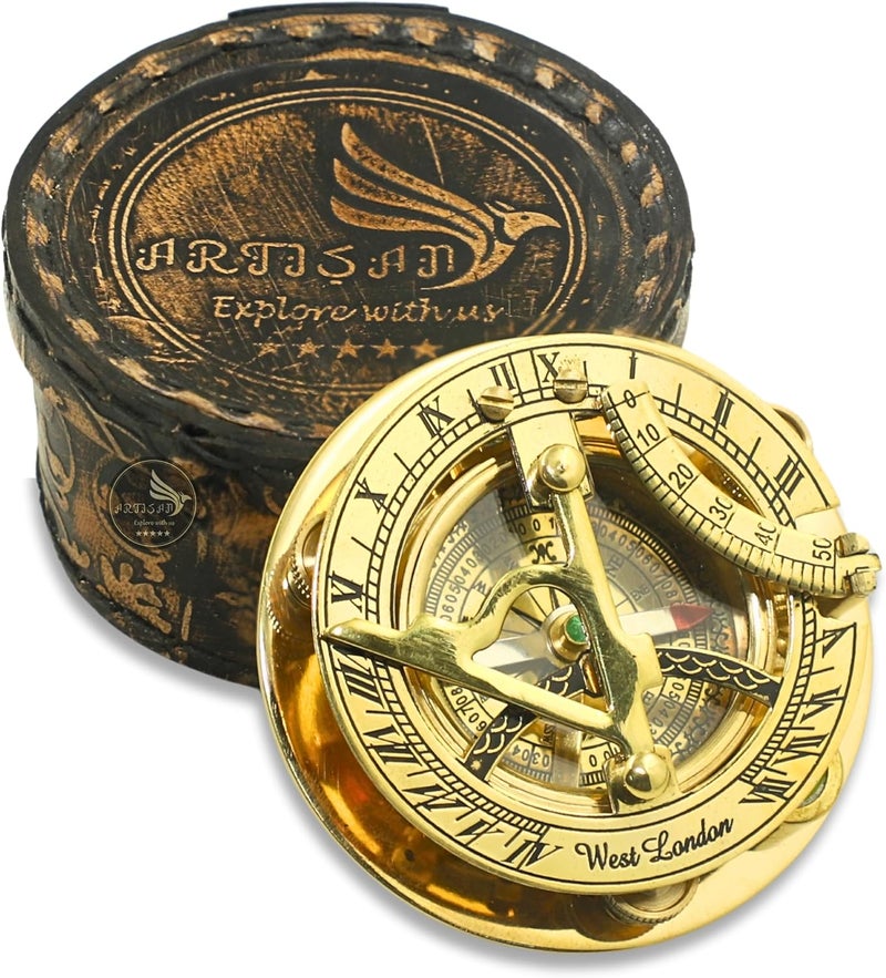 Artisan Brass Nautical - Sundial Compass with Intricate Detailing Comes in an Top Grain Leather Case - Premium Sundial Compass - Image 1