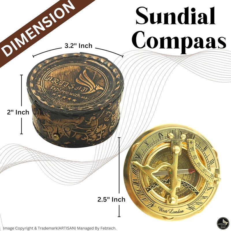 Artisan Brass Nautical - Sundial Compass with Intricate Detailing Comes in an Top Grain Leather Case - Premium Sundial Compass - Image 2