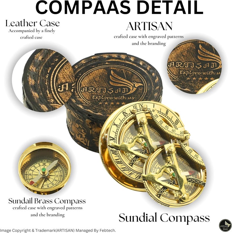 Artisan Brass Nautical - Sundial Compass with Intricate Detailing Comes in an Top Grain Leather Case - Premium Sundial Compass - Image 3
