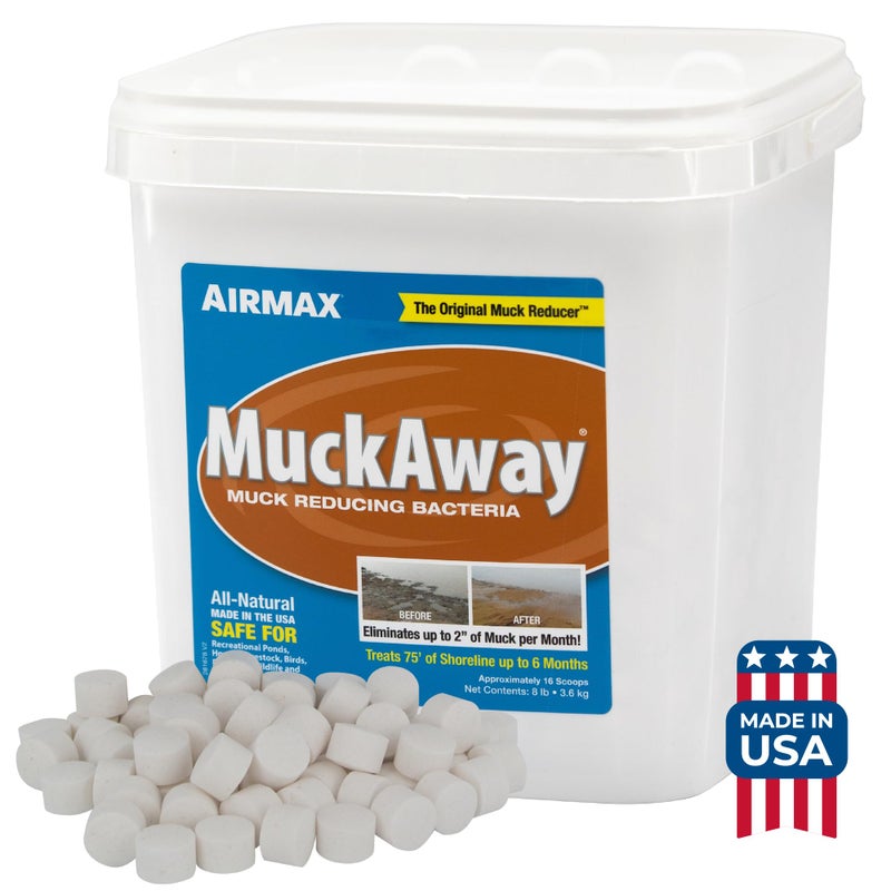 Airmax MuckAway Natural Pond Muck Remover Cleans Clears Away Muck Sludge Easy to Use Bacteria Enzyme Tablets Safe for The Environment Treats 1500 Sq Ft 6 Month Supply 16 Scoops 8 lbs
