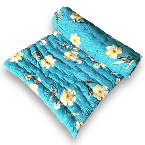 Deevine Craft Soft Cotton Quilt Foldable Mattress - Lightweight, Firm Single Gadda | 3D Design Print, 72x36 Inches (3x6 ft) | Portable for Picnic, 1 Sleeping Capacity (Blue Teal Floral Mattress) - Image 1