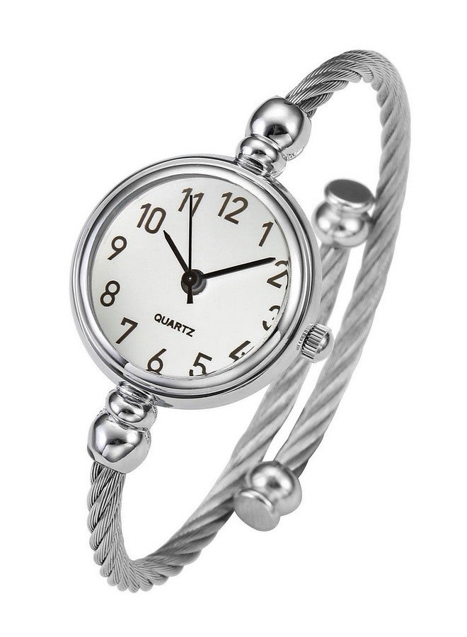 Top Plaza Top Plaza Womens Fashion Silver Tone Analog Quartz Bangle Cuff Bracelet Wrist Watch, Unique Elegant Stainless Steel Wire Band, Arabic Numerals - White - Image 1