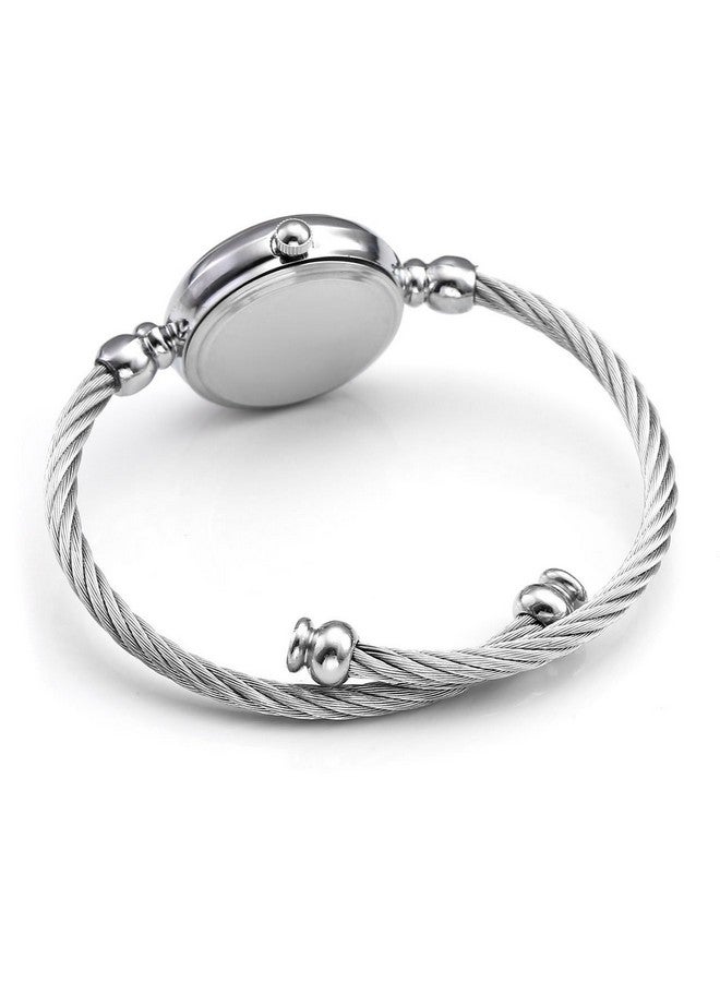Top Plaza Top Plaza Womens Fashion Silver Tone Analog Quartz Bangle Cuff Bracelet Wrist Watch, Unique Elegant Stainless Steel Wire Band, Arabic Numerals - White - Image 3