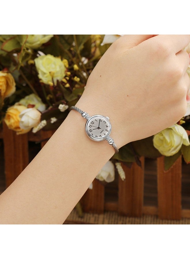 Top Plaza Top Plaza Womens Fashion Silver Tone Analog Quartz Bangle Cuff Bracelet Wrist Watch, Unique Elegant Stainless Steel Wire Band, Arabic Numerals - White - Image 2