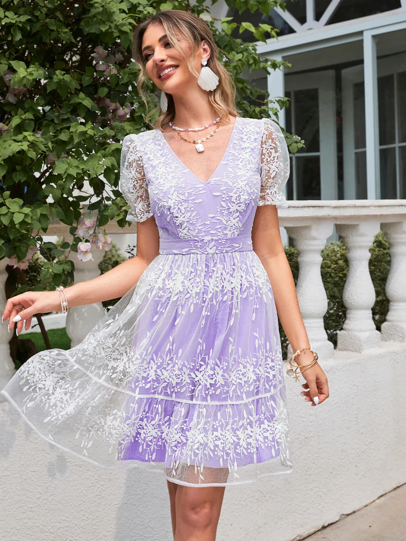Simplee Women V Neck Short Puff Sleeve Floral Lace A Line Mini Dress Casual Summer Occasion Dress