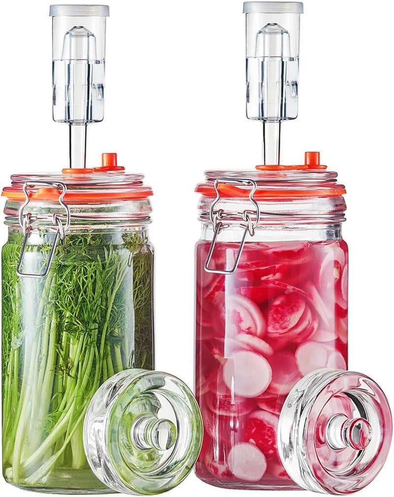 JILLMO 1 Liter Fermentation Jar, Glass Fermenting Kit with Weight for Making Sauerkraut, Hot Sauce, Mead, Cider and More, Pack of 2 - Image 1
