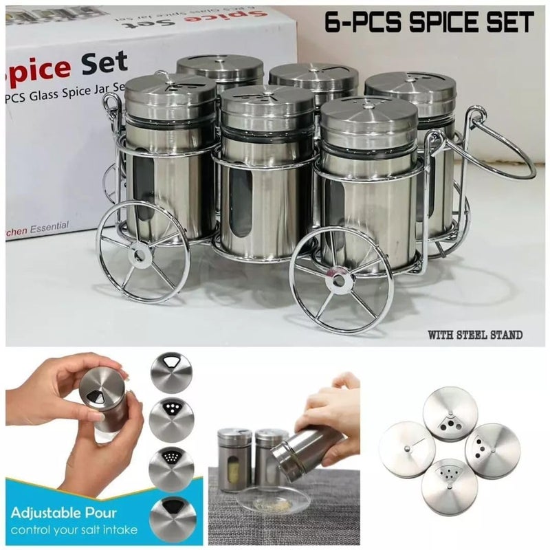 Homies HOMIES, Premium Wheelcart Design Tabletop 6 Pcs Glass Spice Jar Set With Stainless Steel Stand - Image 2