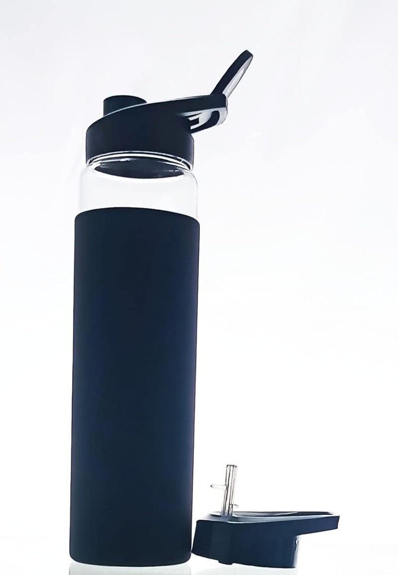 ISKO ISKO Borosilicate Glass Water Bottle With Protective Fabric Sleeve With 2 Caps Fliptop Pack Of 1 650 milliliter - Image 1
