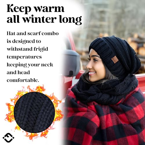 Funky Junque Slouchy Beanie & Infinity Scarf Gift Set – Oversized Chunky Knit Hat and Cozy Warm Scarves, Matching Ladies Winter Accessories Sets - Black - Image 2