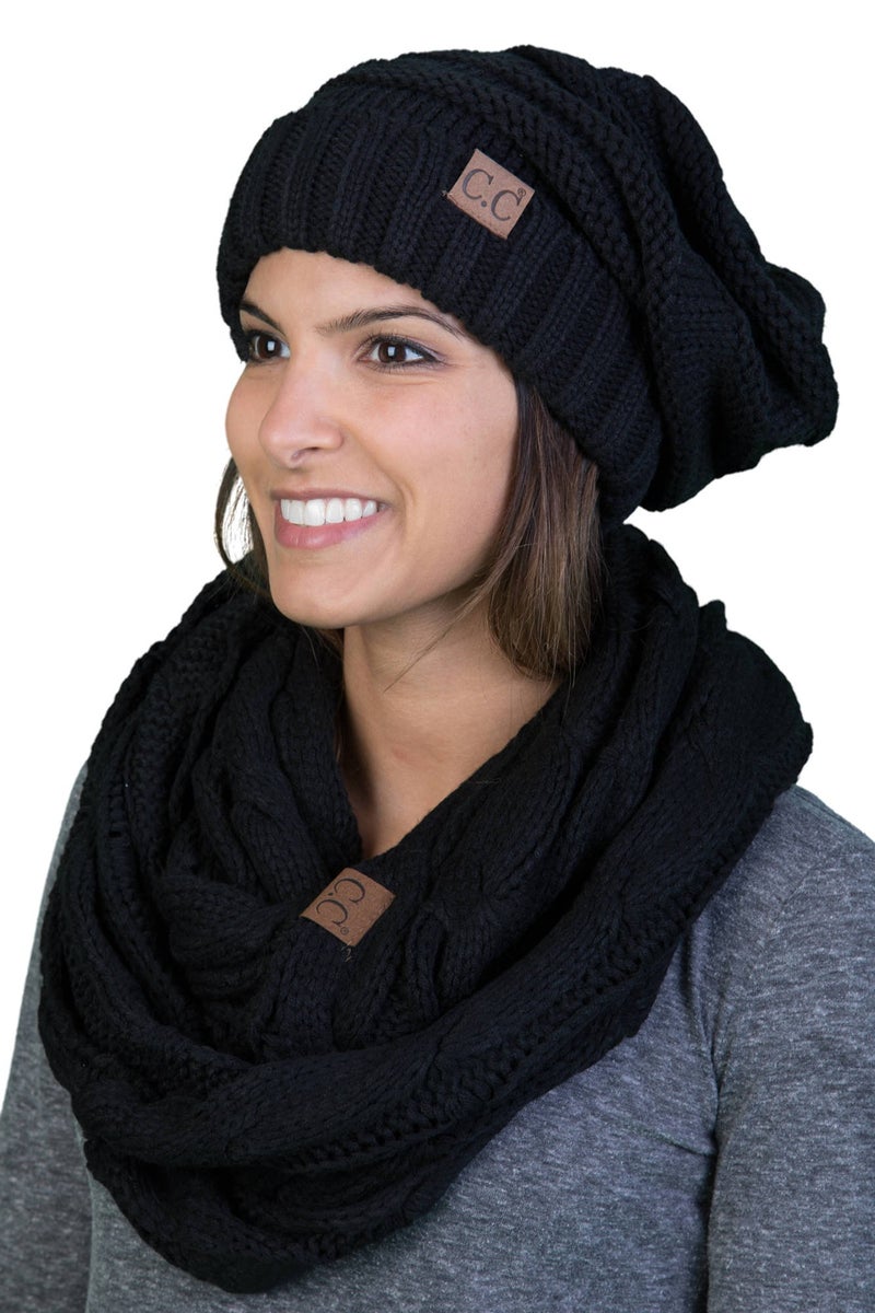 Funky Junque Slouchy Beanie & Infinity Scarf Gift Set – Oversized Chunky Knit Hat and Cozy Warm Scarves, Matching Ladies Winter Accessories Sets - Black - Image 1
