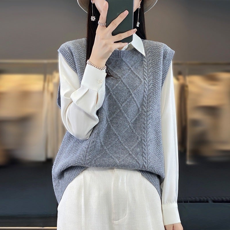 Spring Round Neck 2023 Wool Sweater Vest Wool Twist Vest Outer Horse Match New Waistcoat Clip Sleeveless Wool - Image 3