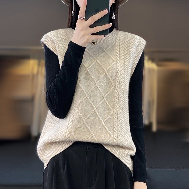 Spring Round Neck 2023 Wool Sweater Vest Wool Twist Vest Outer Horse Match New Waistcoat Clip Sleeveless Wool - Image 5