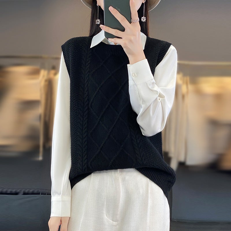 Spring Round Neck 2023 Wool Sweater Vest Wool Twist Vest Outer Horse Match New Waistcoat Clip Sleeveless Wool - Image 1